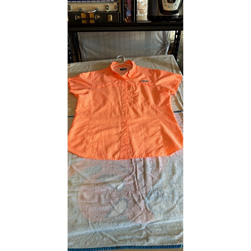 HABIT Womens Fishing Shirt XL Orange Short Sleeve Button Up UV Pockets TS1267